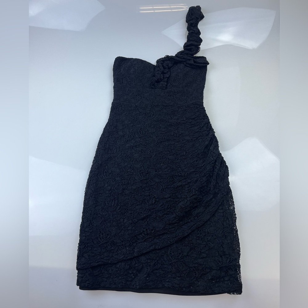 ModCloth Mystic Black Lace Sheath One Shoulder Dress Ruched N246-12 - Picture 2 of 7